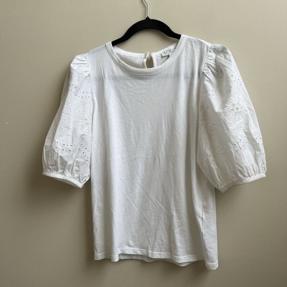 J Crew Cotton Short Puff Sleeve Top Tee Shirt Blouse Eyelet White Boho XS